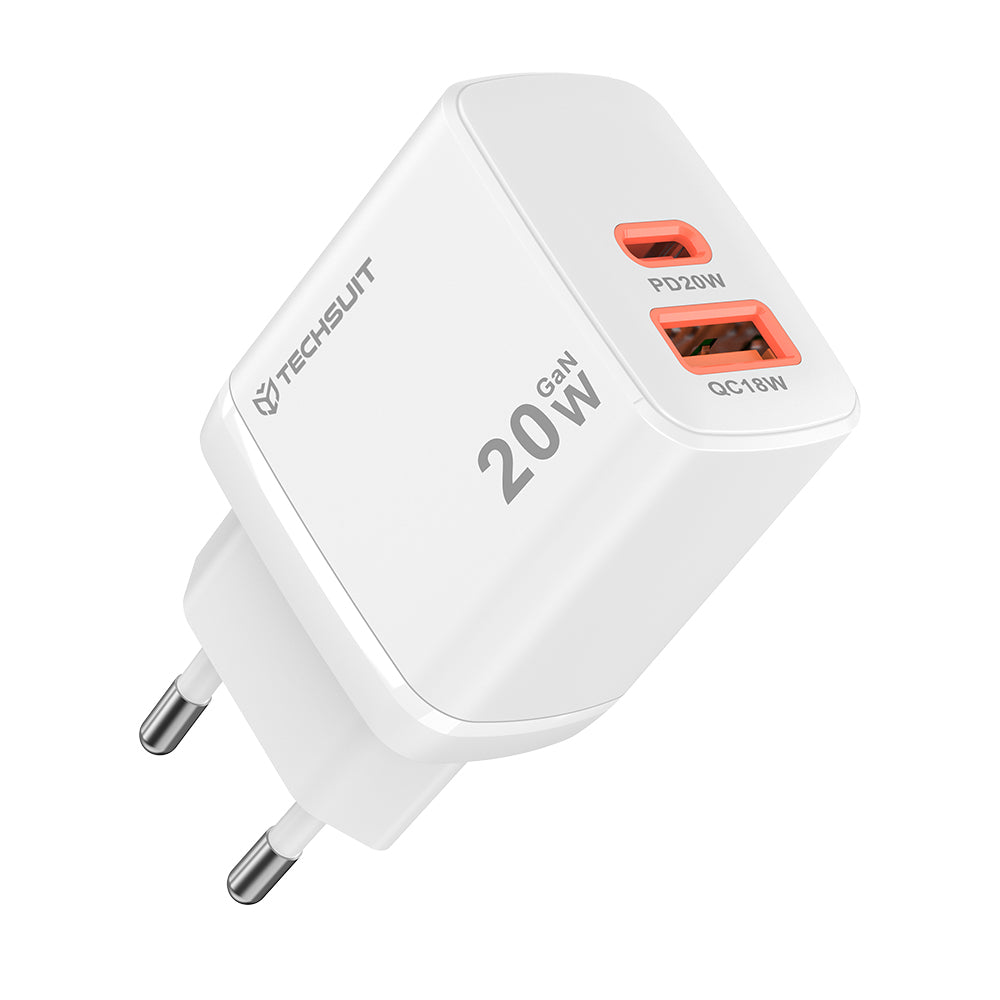 Punjač mreže Techsuit CH2 Duonix, 20W, 3A, 1 x USB-A - 1 x USB-C, Beli
