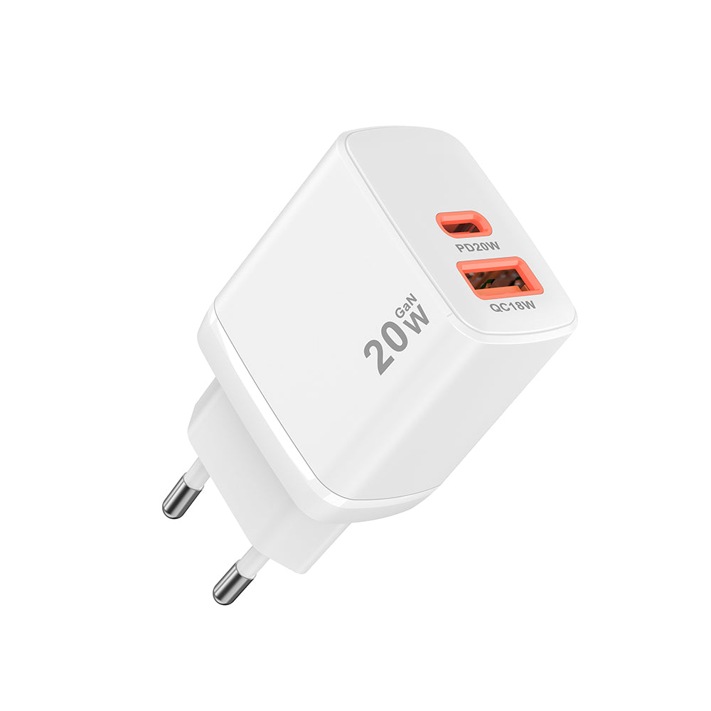 Punjač mreže Techsuit CH2 Duonix, 20W, 3A, 1 x USB-A - 1 x USB-C, Beli