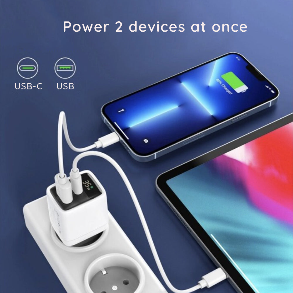 Punjač mreže Techsuit CH3 LEDChargX Display, 35W, 3A, 1 x USB-A - 1 x USB-C, Beli