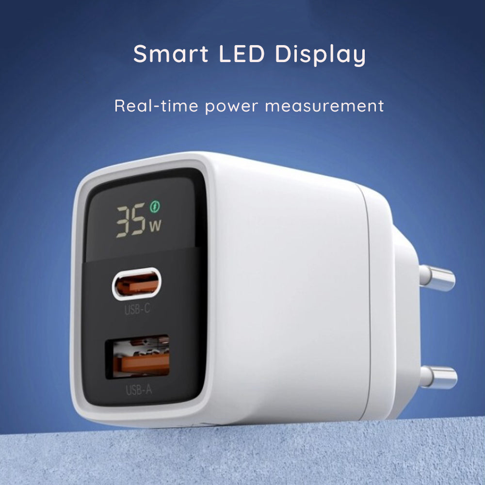 Punjač mreže Techsuit CH3 LEDChargX Display, 35W, 3A, 1 x USB-A - 1 x USB-C, Beli