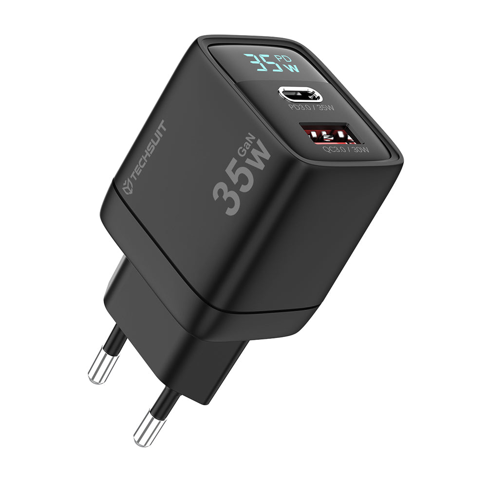 Punjač mreže Techsuit CH3 LEDChargX Display, 35W, 3A, 1 x USB-A - 1 x USB-C, Crni