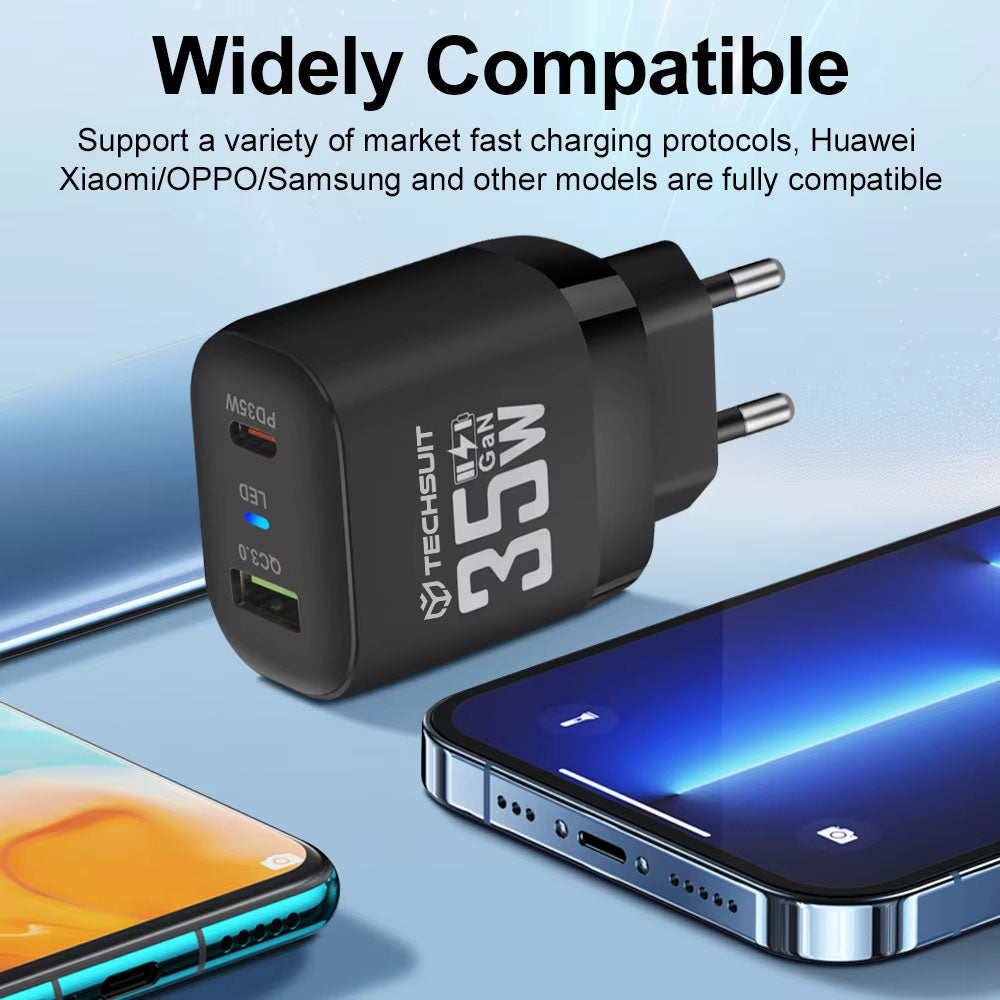 Punjač mreže Techsuit CHPD174, 35W, 3A, 1 x USB-A - 1 x USB-C, Crni