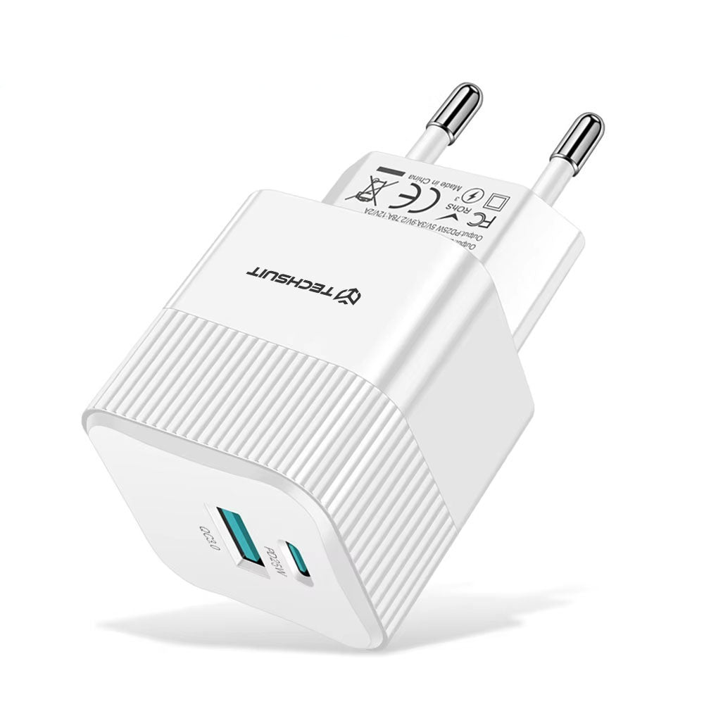 Punjač mreže Techsuit CHPD216 Tiny, 25W, 3A, 1 x USB-A - 1 x USB-C, Beli