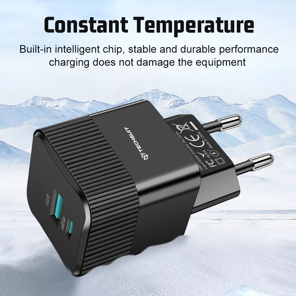 Punjač mreže Techsuit CHPD216 Tiny, 25W, 3A, 1 x USB-A - 1 x USB-C, Beli