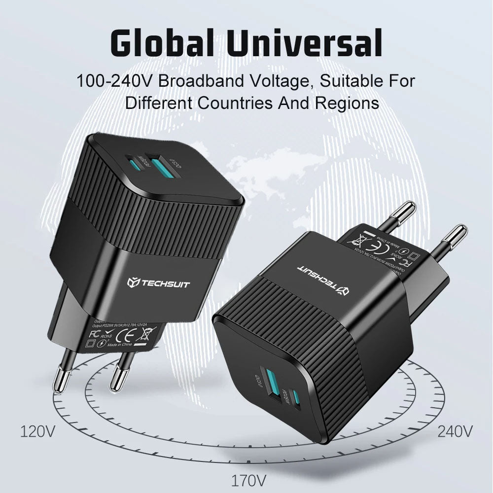 Punjač mreže Techsuit CHPD216 Tiny, 25W, 3A, 1 x USB-A - 1 x USB-C, Crni