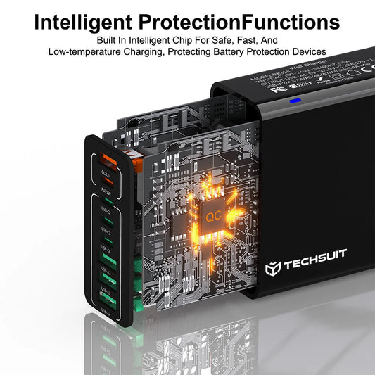 Punjač mreže Techsuit CHPD224, 65W, 3.25A, 4 x USB-A - 4 x USB-C, Crni