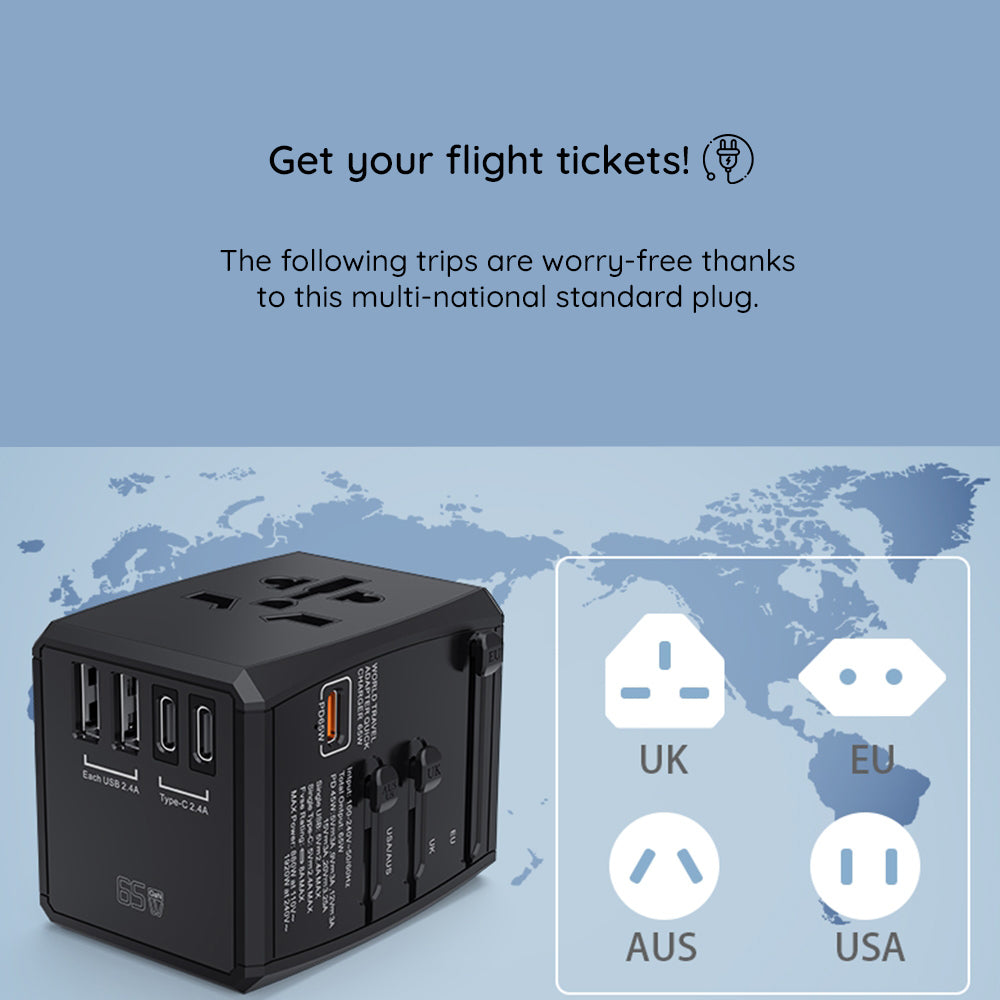 Punjač mreže Techsuit HHT906 Travel, 65W, 3.25A, 2 x USB-A - 2 x USB-C, Crni