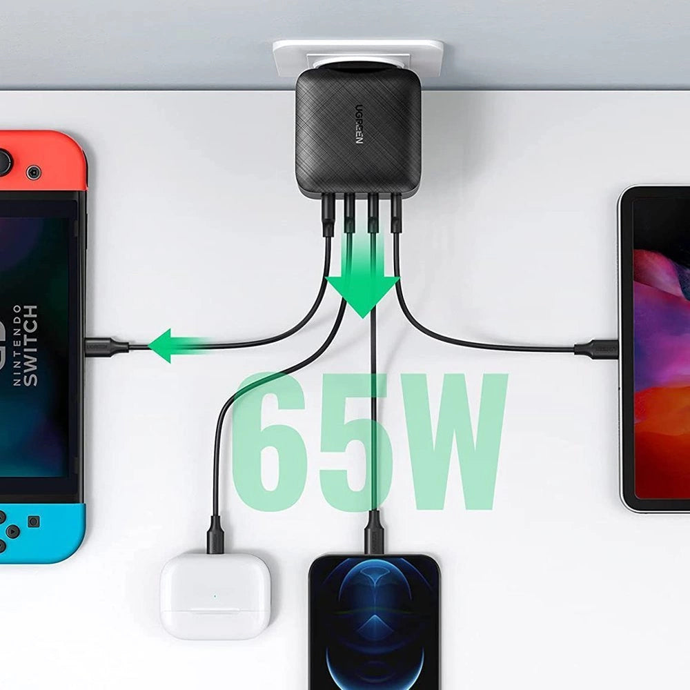 Punjač UGREEN CD104, 65W, 3A, 1 x USB-A - 3 x USB-C, Crni