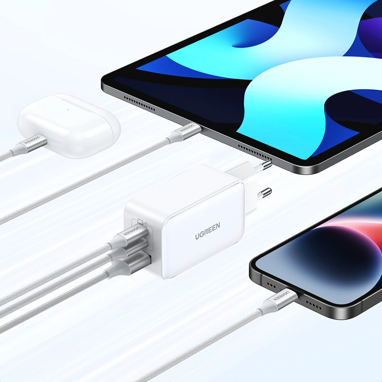 Punjač UGREEN CD244, 65W, 3A, 1 x USB-A - 2 x USB-C, Beli