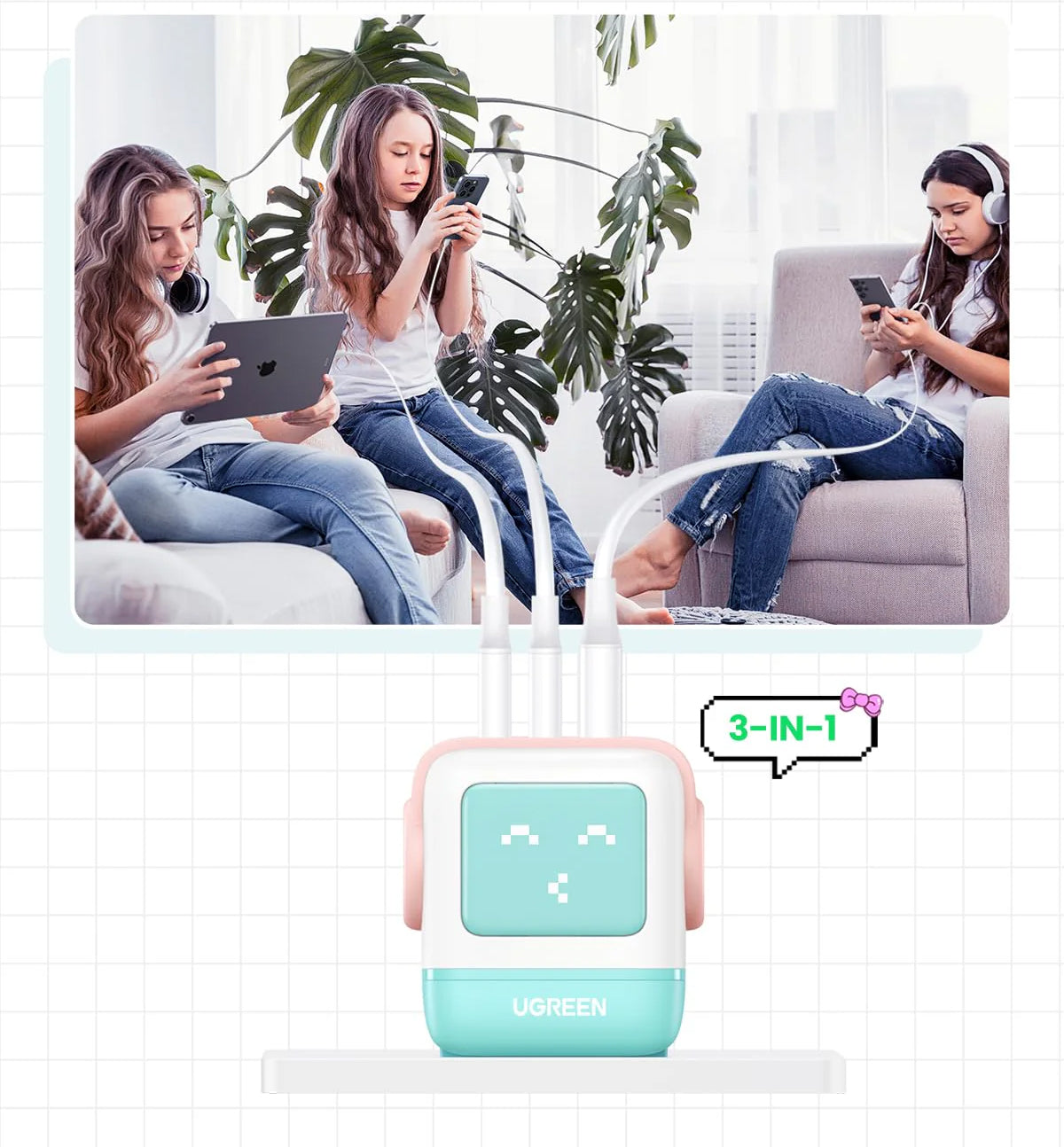 Punjač mreže UGREEN CD361 Uno, 65W, 3.25A, 1 x USB-A - 2 x USB-C, Tirkiz