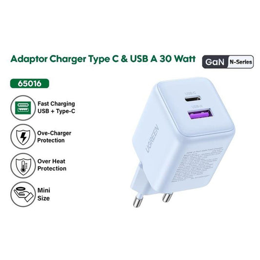 Punjač za mrežu UGREEN X516, 30W, 3A, 1 x USB-A - 1 x USB-C, Crni