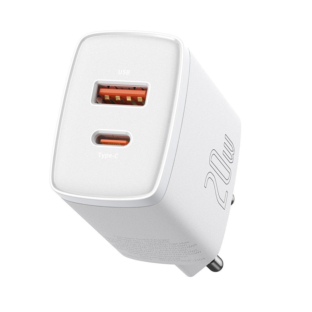 Punjač Baseus Compact, 20W, 3A, 1 x USB-A - 1 x USB-C, Beli CCXJ-B02