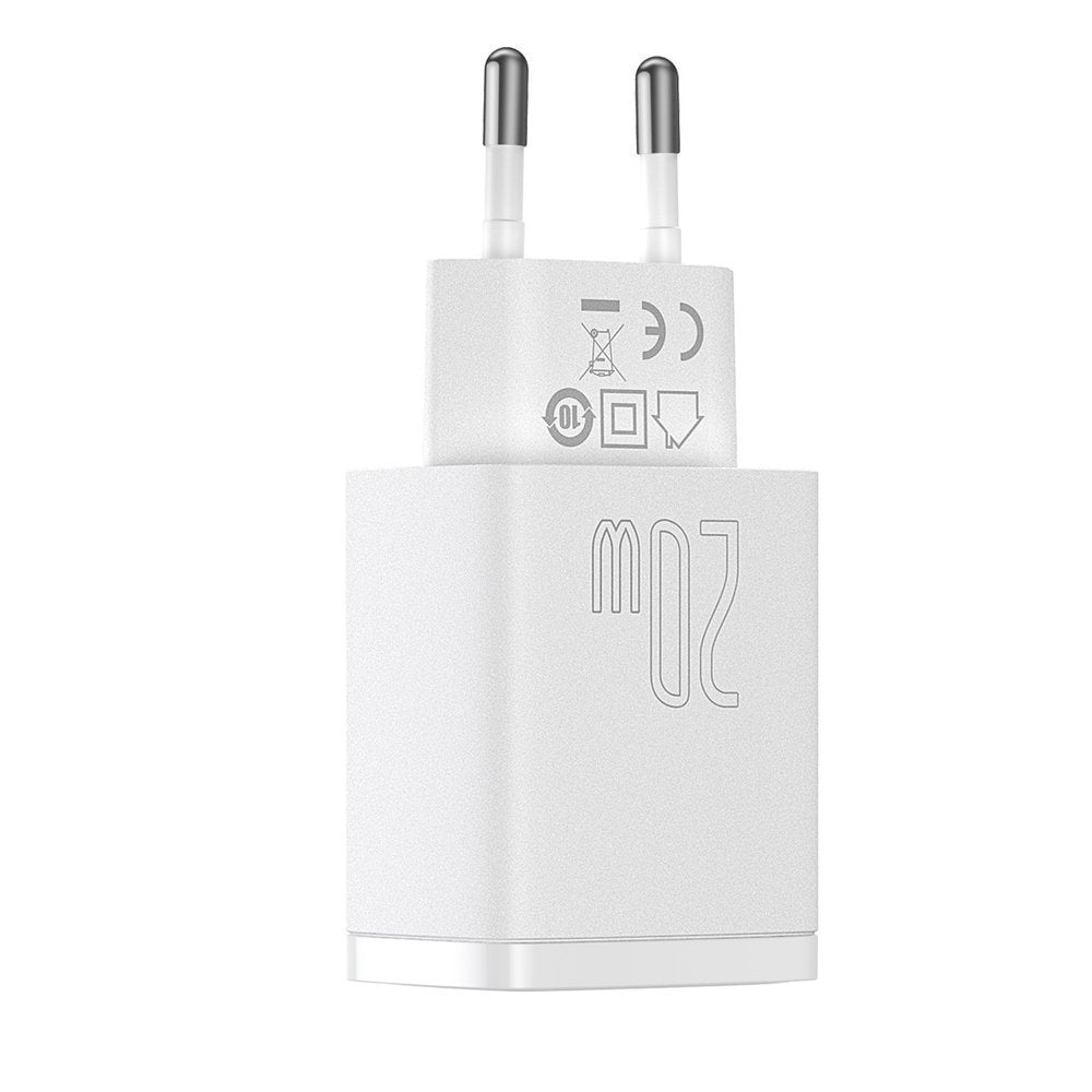 Punjač Baseus Compact, 20W, 3A, 1 x USB-A - 1 x USB-C, Beli CCXJ-B02
