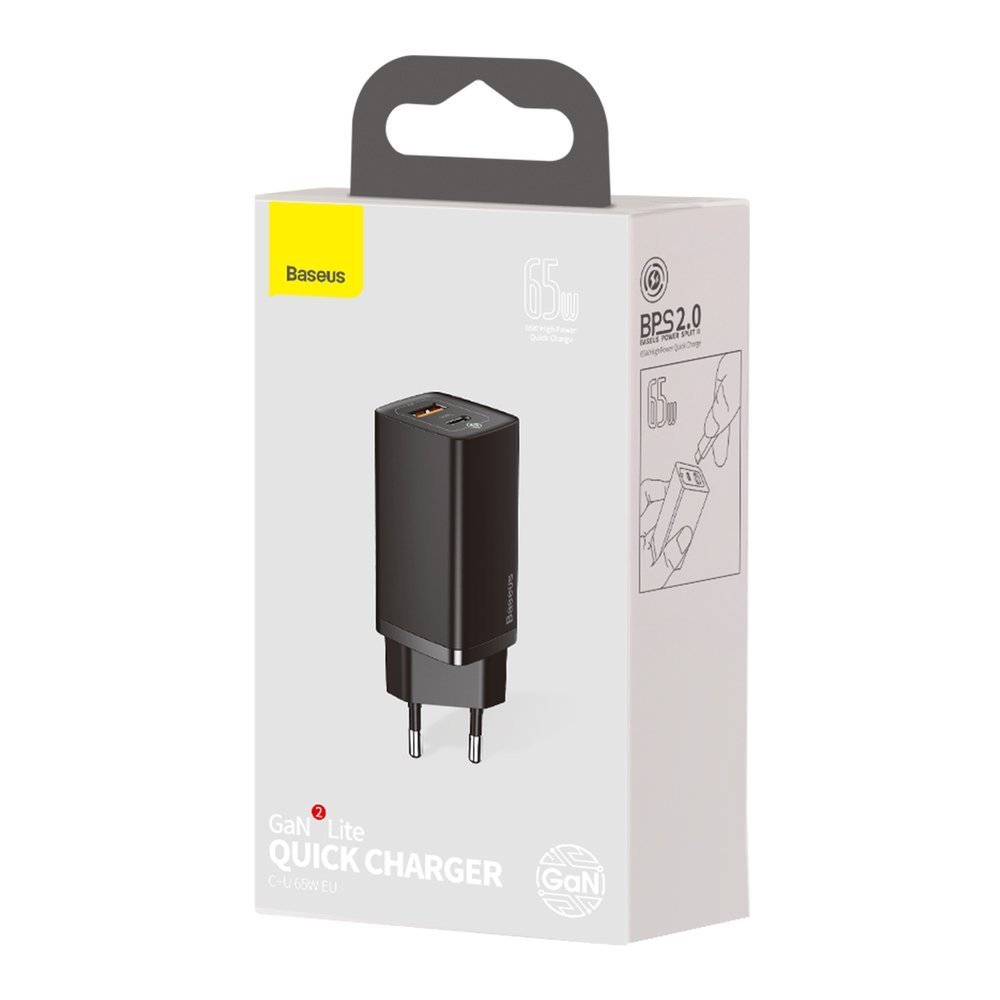 Punjač Baseus GaN2 Lite, 65W, 3A, 1 x USB-A - 1 x USB-C, Crni CCGAN2L-B01
