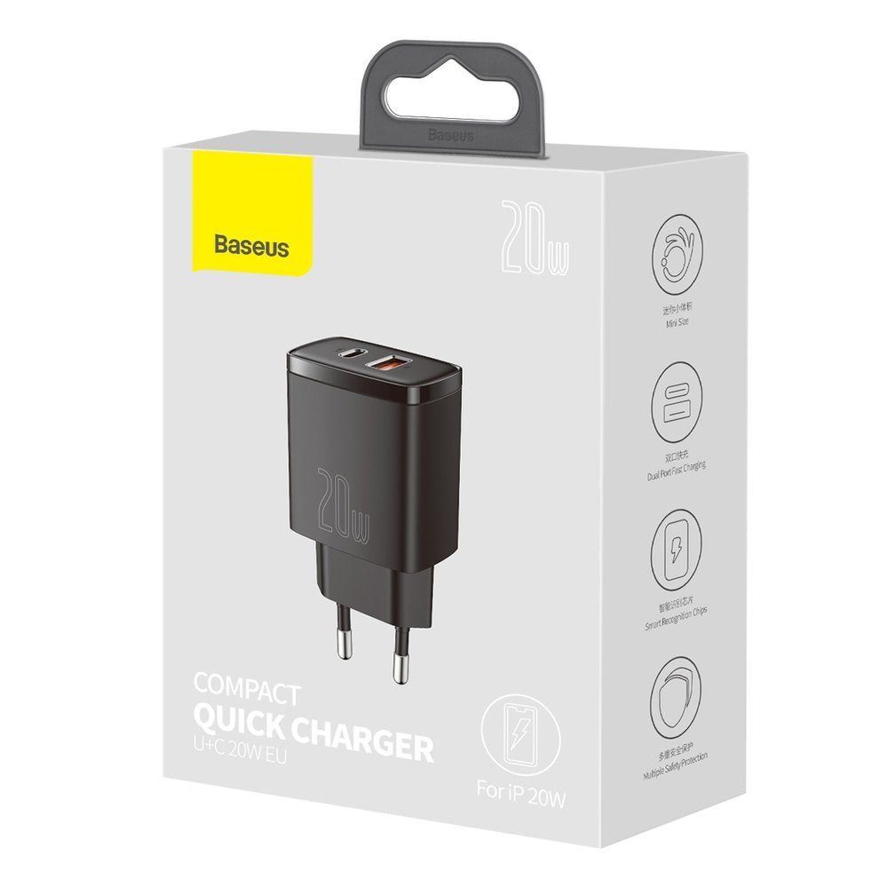 Punjač Baseus Compact, 20W, 3A, 1 x USB-A - 1 x USB-C, Crni CCXJ-B01