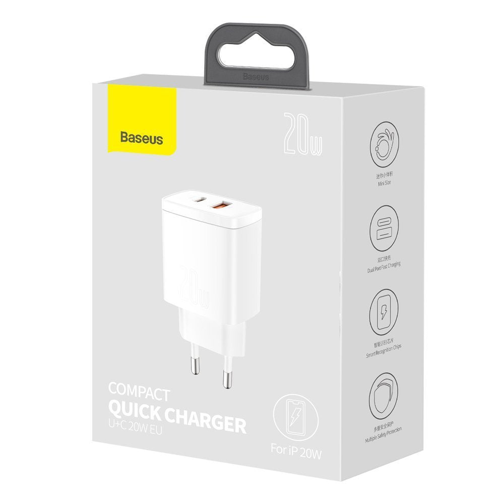 Punjač Baseus Compact, 20W, 3A, 1 x USB-A - 1 x USB-C, Beli CCXJ-B02