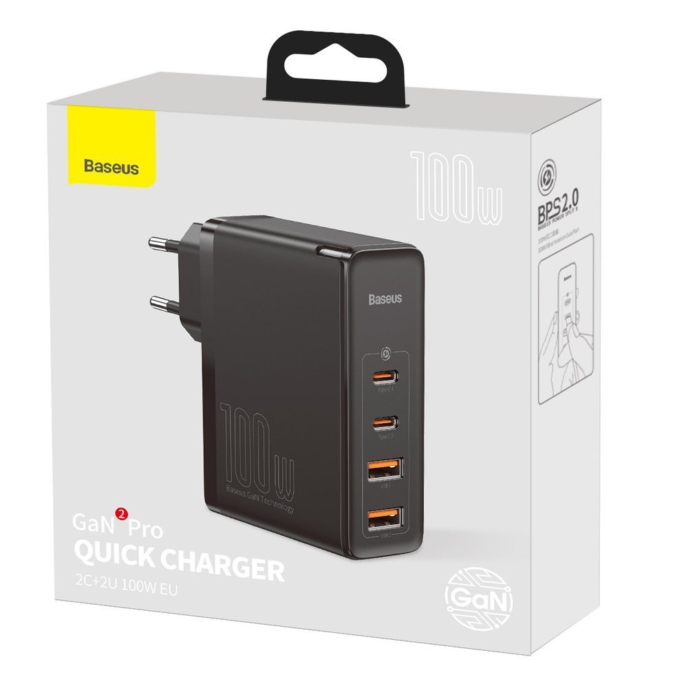 Punjač Baseus GaN2 Pro, 100W, 5A, 2 x USB-A - 2 x USB-C, Crni CCGAN2P-L01