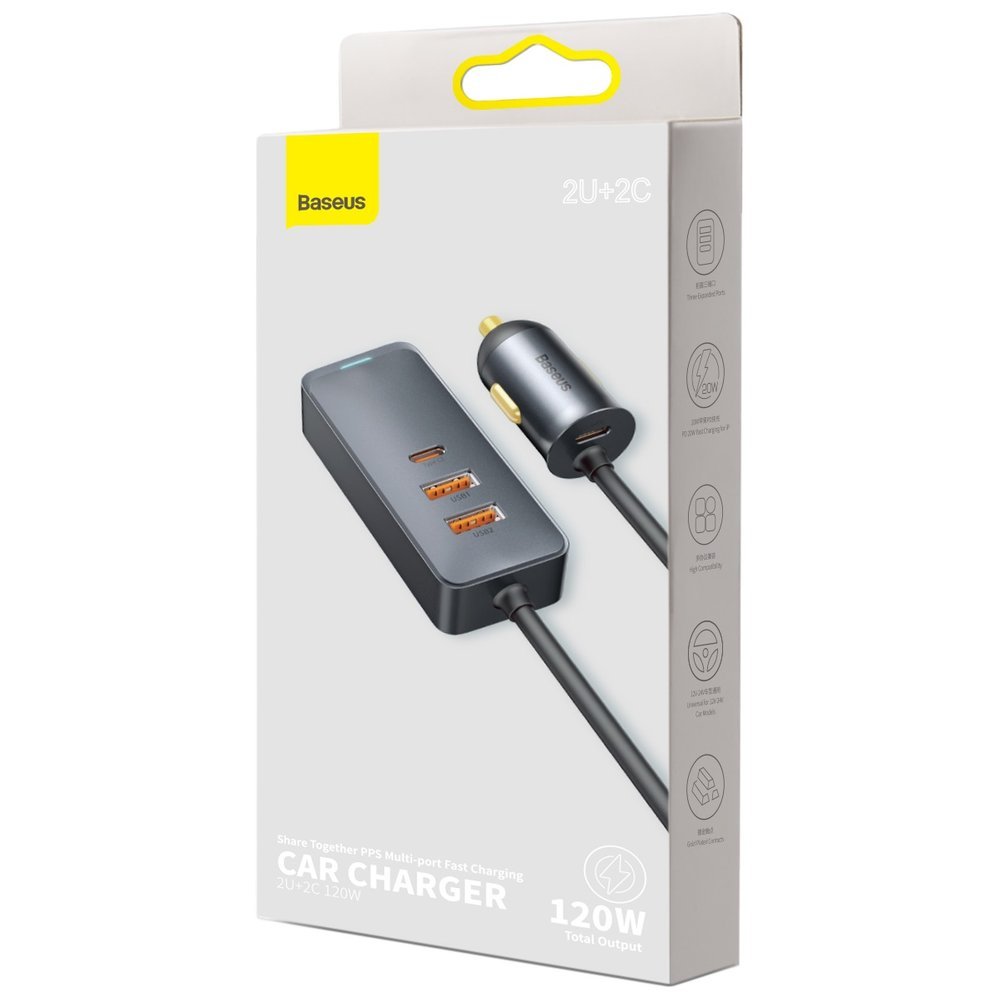 Auto punjač Baseus Share Together, 120W, 3A, 2 x USB-A - 2 x USB-C, Sivi CCBT-A0G