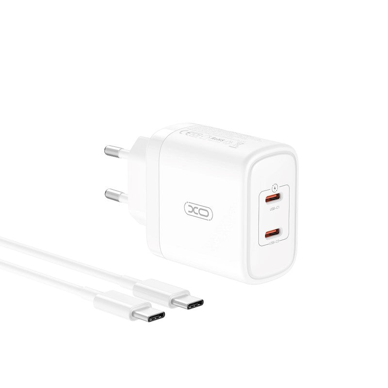 Punjač za mrežu sa USB-C kablom XO Design CE08, 50W, 3A, 2 x USB-C, Beli