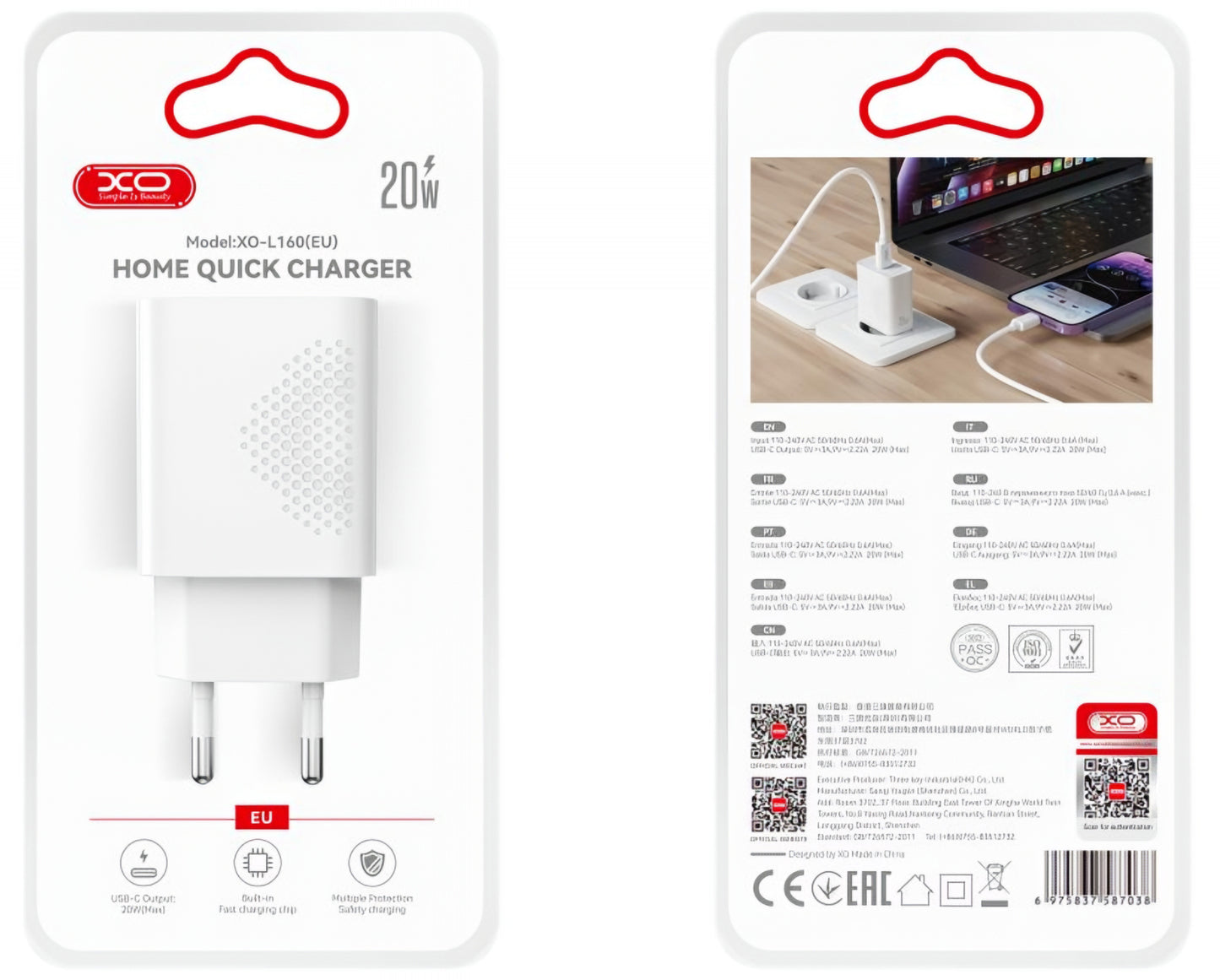 Punjač mreže USB-C XO Design L160, 20W, 3A, 1 x USB-C, Beli