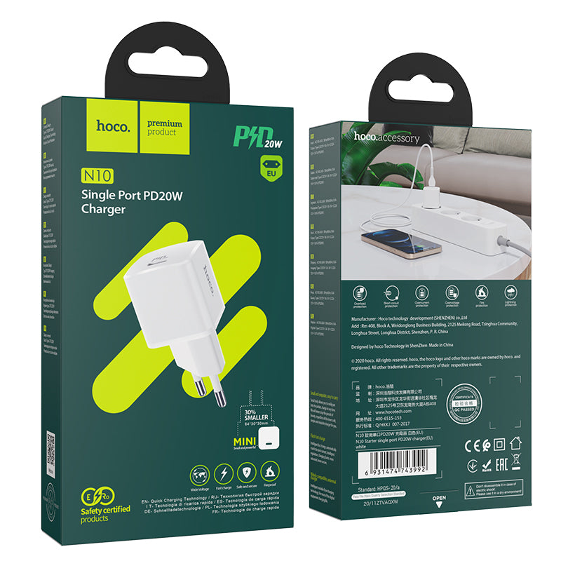 Punjač za mrežu HOCO N10, 20W, 3A, 1 x USB-C, Beli