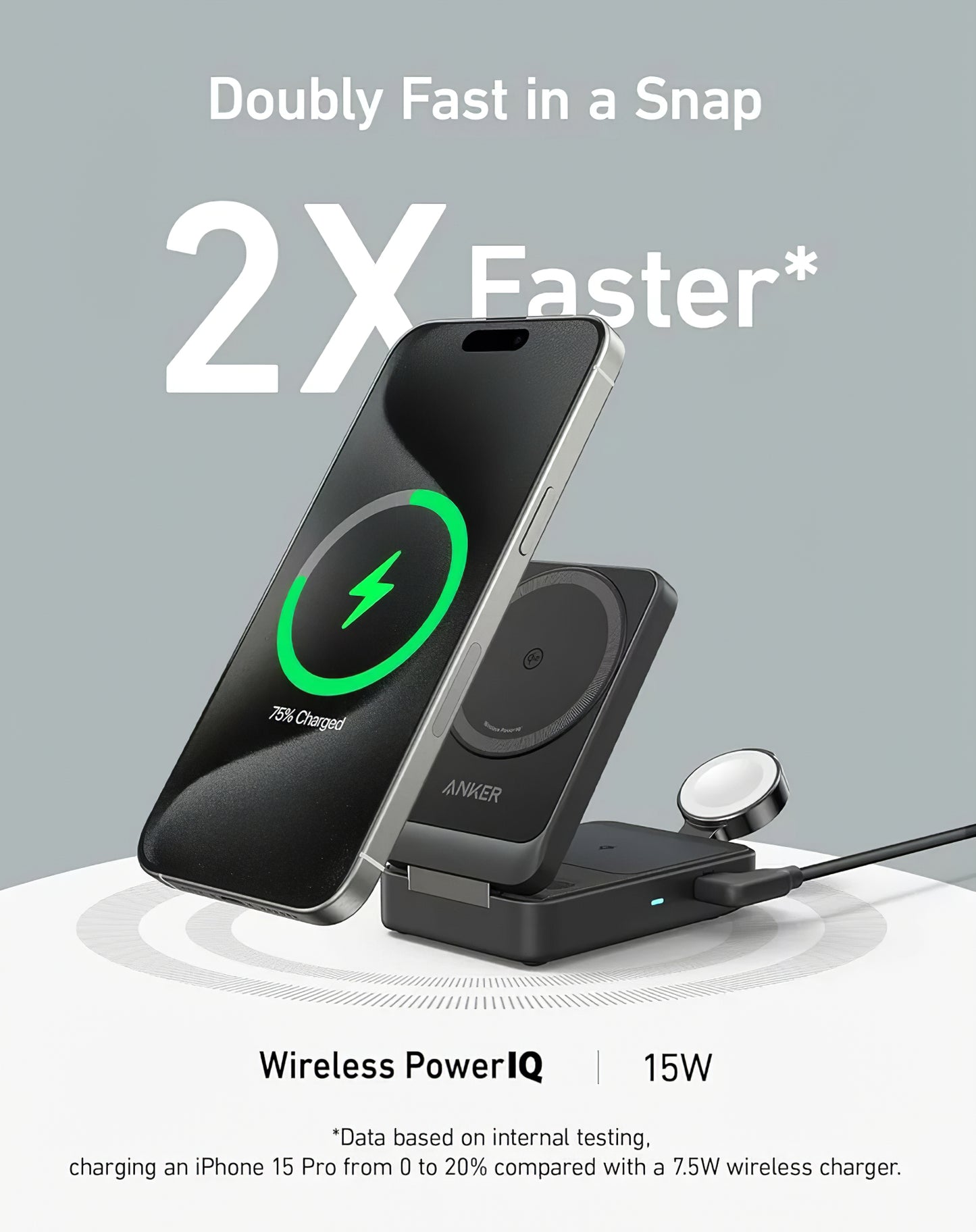 Bežični punjač Anker MagGo 3in1, 15W, 1.67A, Crni B2557311