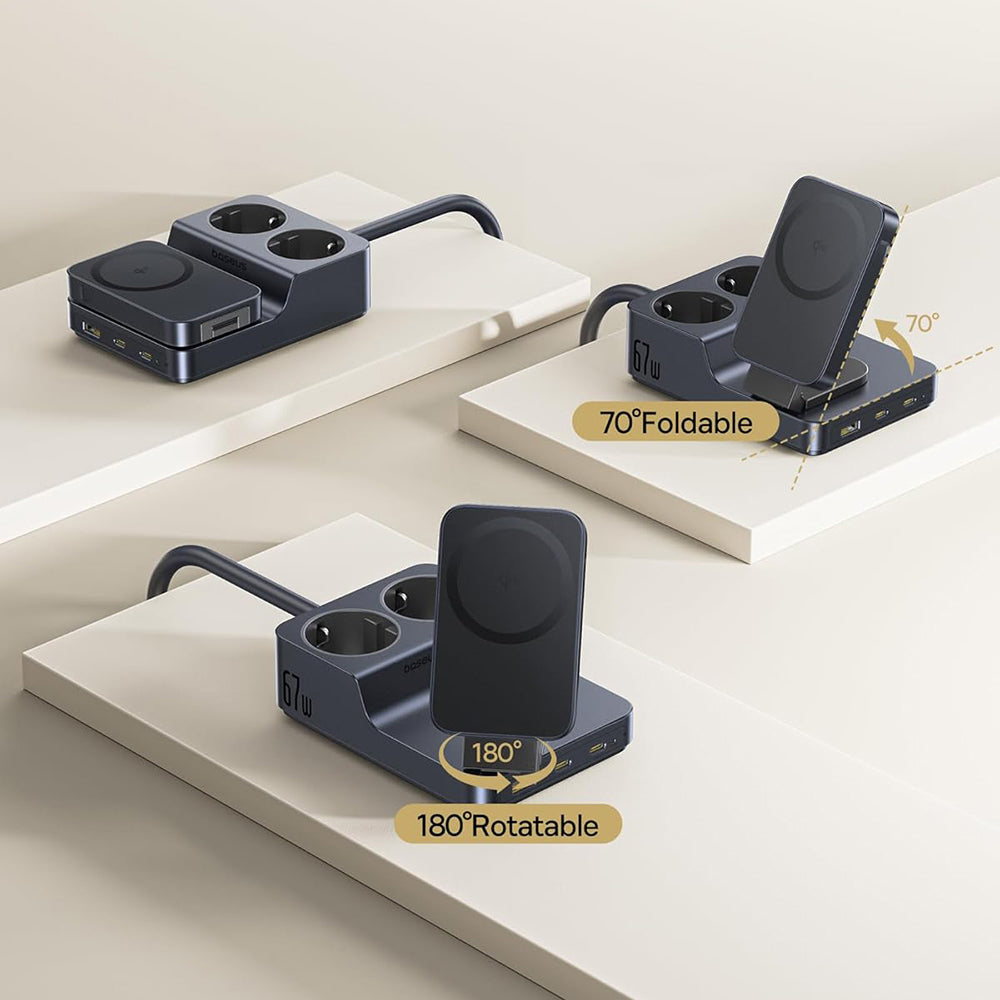Punjač Stanica Baseus Nomos ND11 QI 6in1, 67W, 3.35A, 1 x USB-A - 2 x USB-C - 2 x Schuko, Crna P80015804213-00