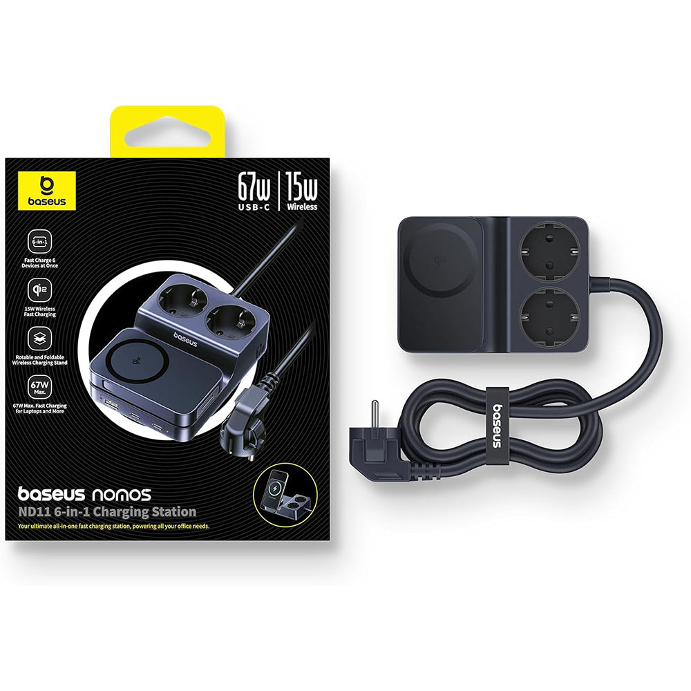 Punjač Stanica Baseus Nomos ND11 QI 6in1, 67W, 3.35A, 1 x USB-A - 2 x USB-C - 2 x Schuko, Crna P80015804213-00