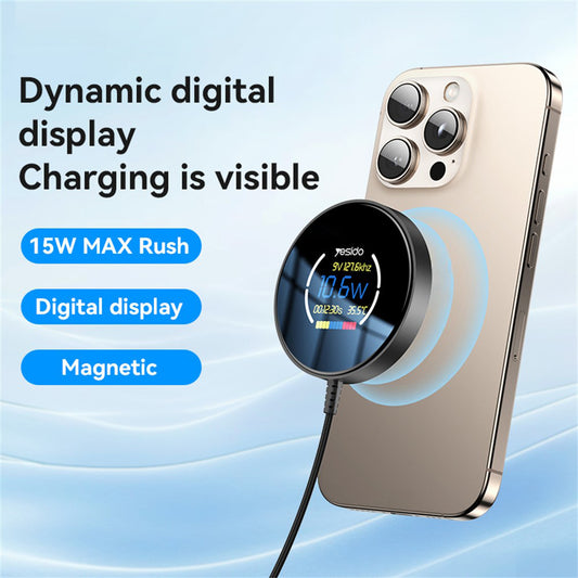 Bežični punjač Yesido DS28 Display, 15W, 1.67A, Crni