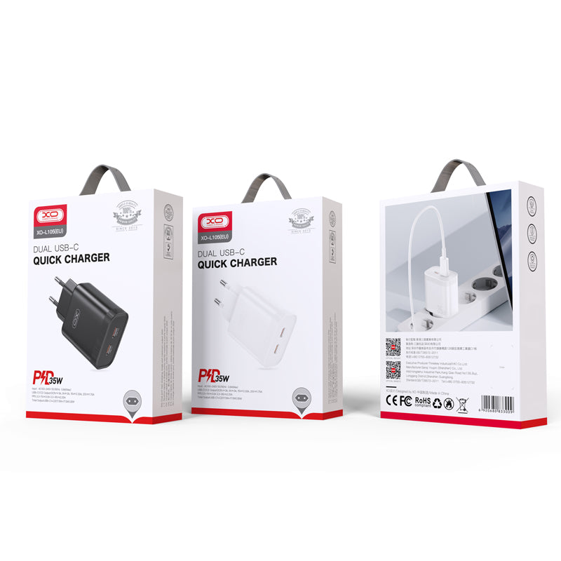 Punjač za mrežu XO Design L105, 35W, 3A, 2 x USB-C, Crni