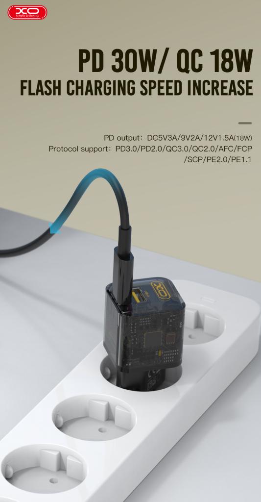 Punjač mreže XO Design CE05, 30W, 3A, 1 x USB-A - 1 x USB-C, Braon