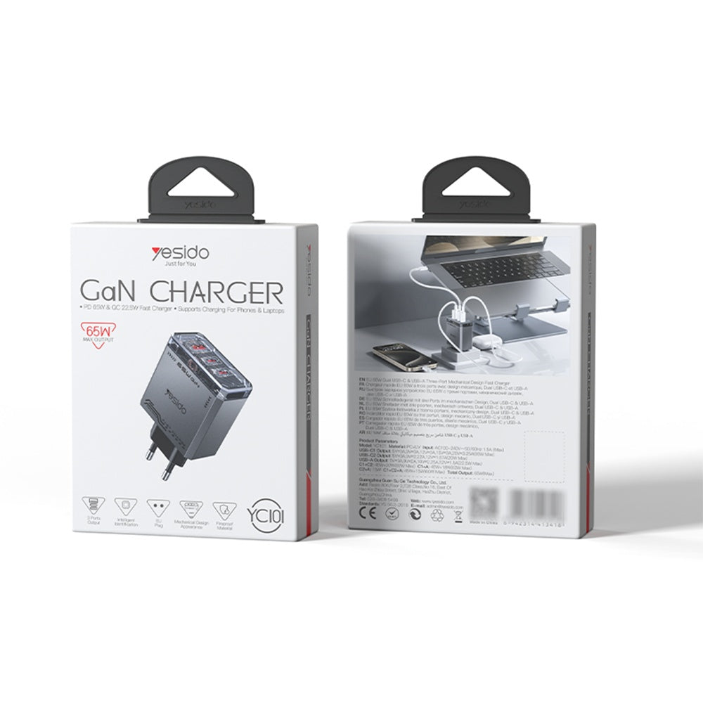 Punjač mreže Yesido YC101, 65W, 3.25A, 1 x USB-A - 2 x USB-C, Crni