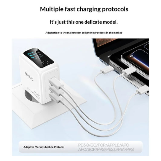 Punjač za mrežu Yesido YC114 Display, 140W, 5A, 1 x USB-A - 2 x USB-C, Bela