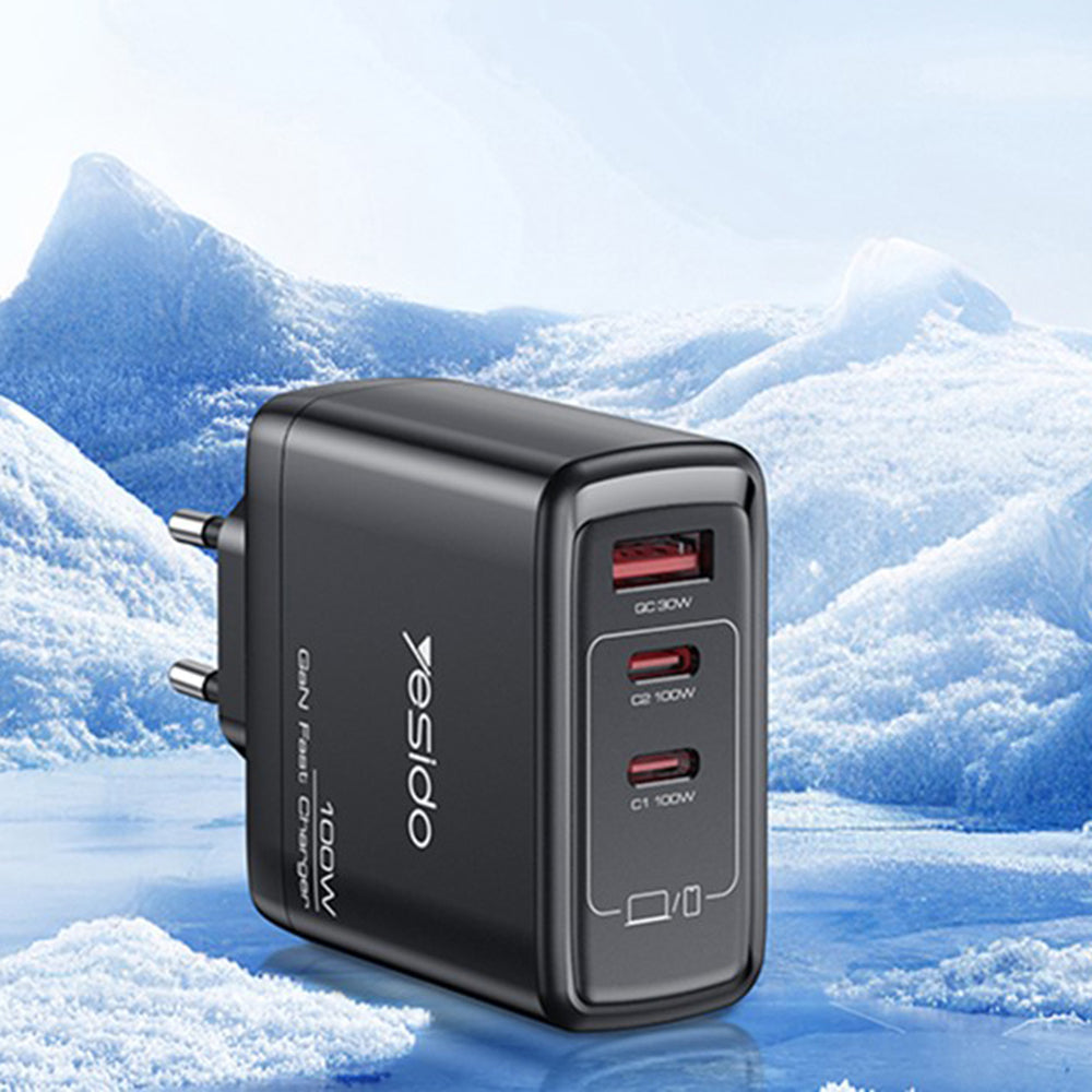 Punjač za mrežu Yesido YC142, 100W, 5A, 1 x USB-A - 2 x USB-C, Crni
