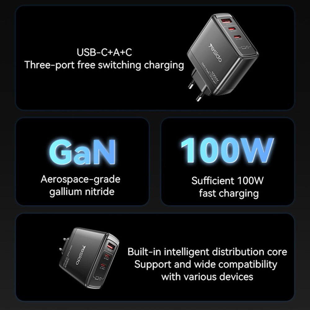 Punjač za mrežu Yesido YC142, 100W, 5A, 1 x USB-A - 2 x USB-C, Crni