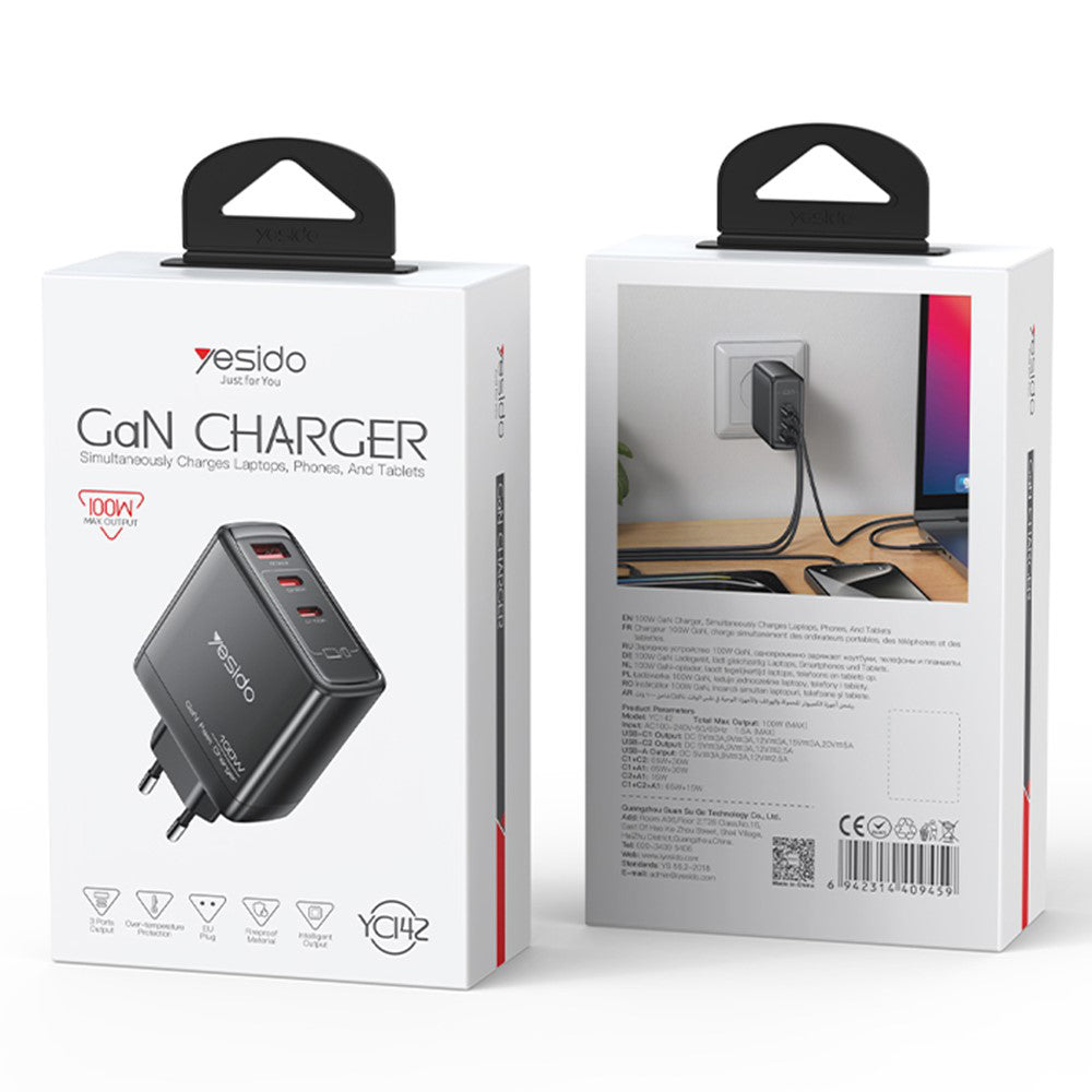 Punjač za mrežu Yesido YC142, 100W, 5A, 1 x USB-A - 2 x USB-C, Crni