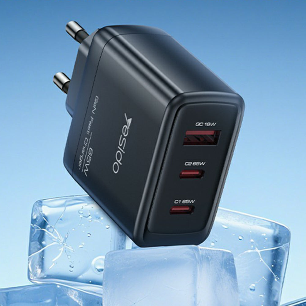Punjač mreže Yesido YC144, 65W, 3.25A, 1 x USB-A - 2 x USB-C, Crni
