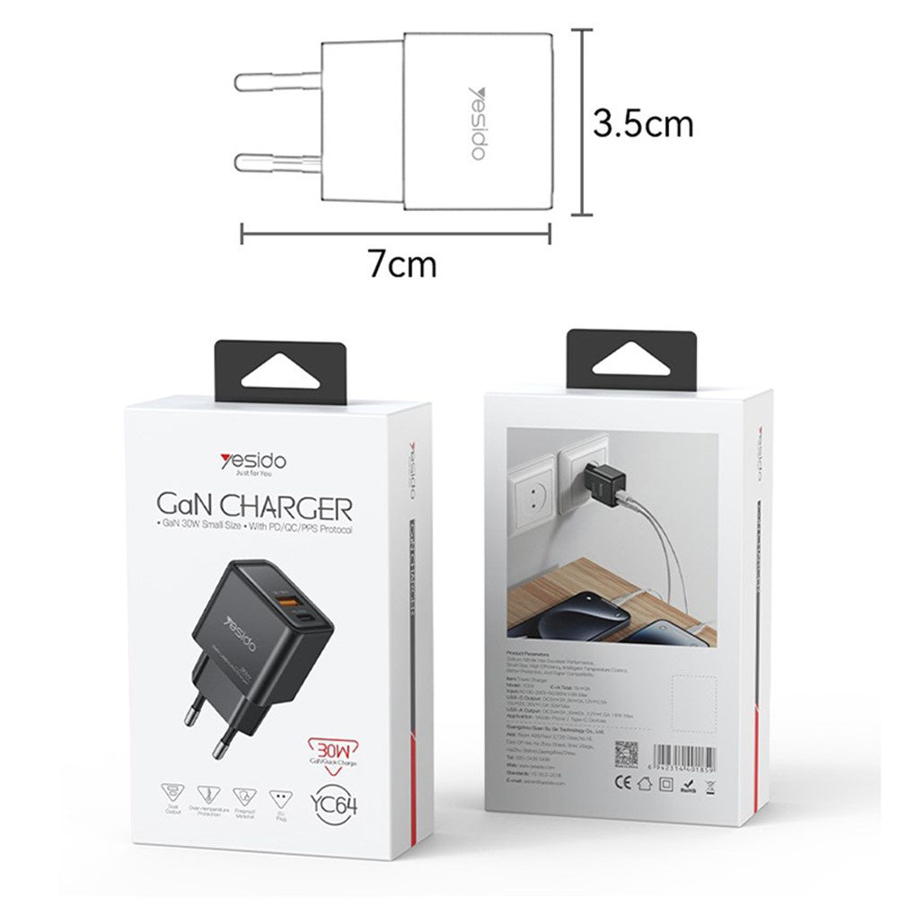Punjač mreže Yesido YC64, 30W, 3A, 1 x USB-A - 1 x USB-C, Crni