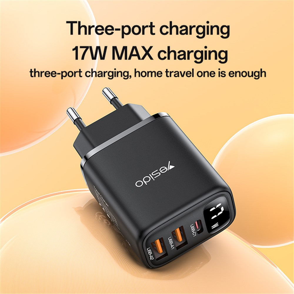 Punjač mreže Yesido YC67 Display, 17W, 2.4A, 1 x USB-C - 2 x USB-A, Crni