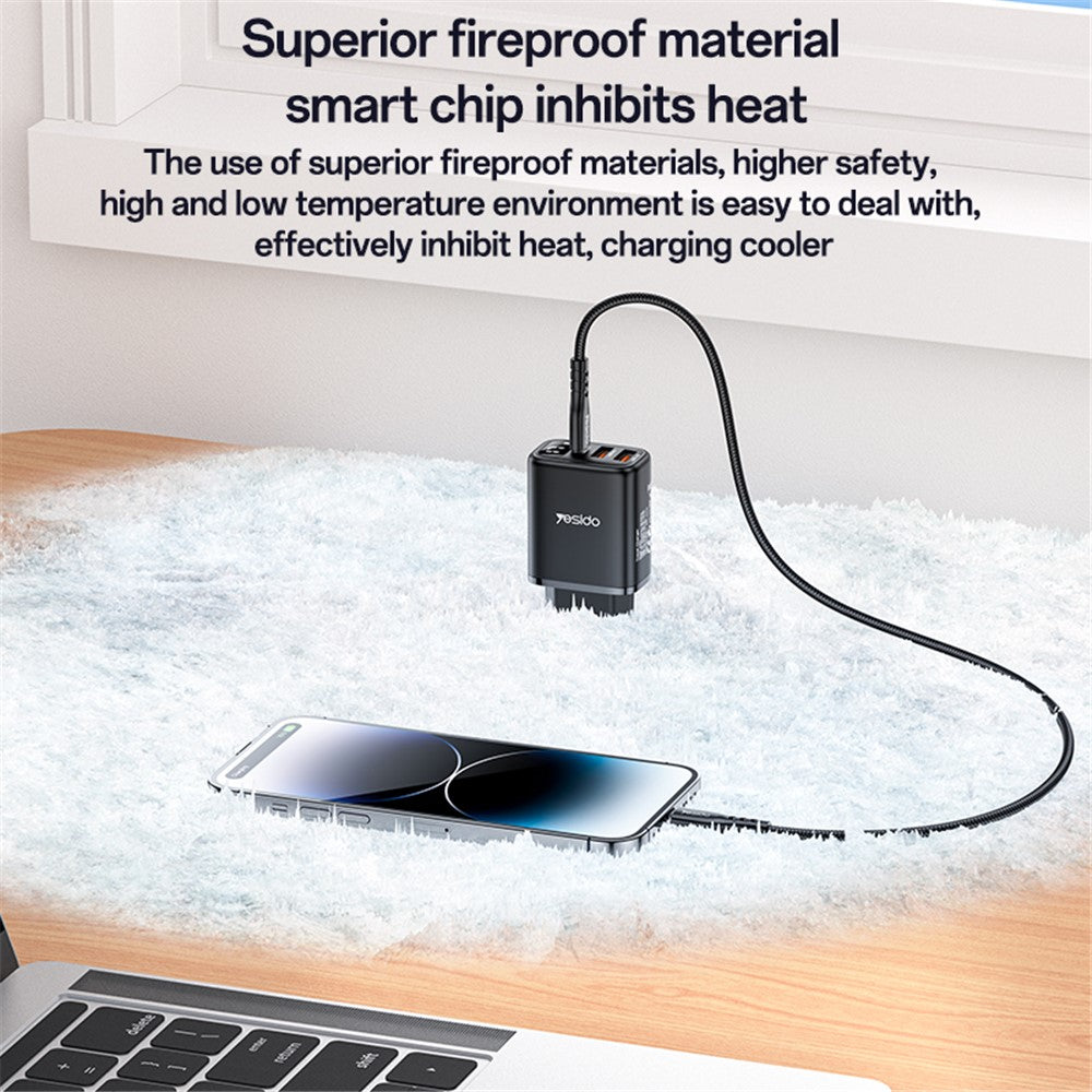 Punjač mreže Yesido YC67 Display, 17W, 2.4A, 1 x USB-C - 2 x USB-A, Crni