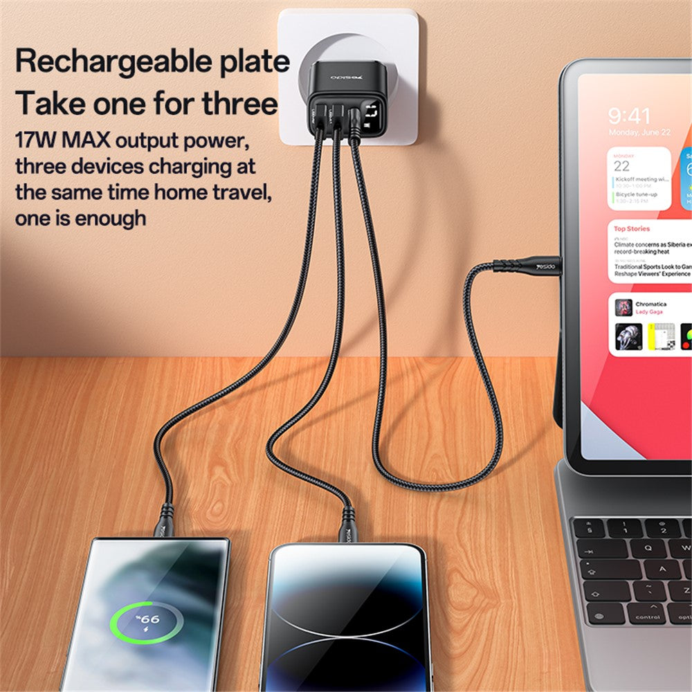 Punjač mreže Yesido YC67 Display, 17W, 2.4A, 1 x USB-C - 2 x USB-A, Crni