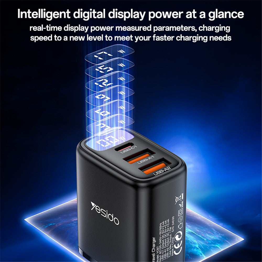 Punjač mreže Yesido YC67 Display, 17W, 2.4A, 1 x USB-C - 2 x USB-A, Crni