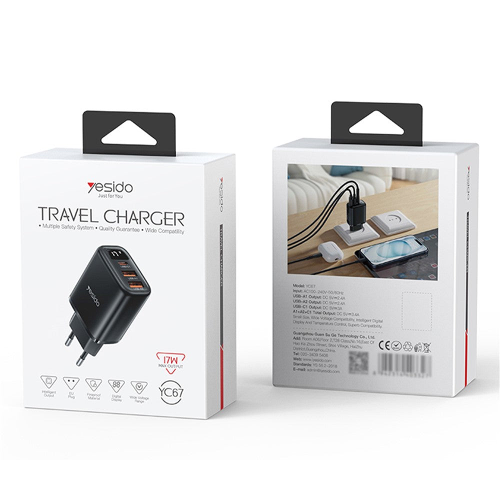 Punjač mreže Yesido YC67 Display, 17W, 2.4A, 1 x USB-C - 2 x USB-A, Crni