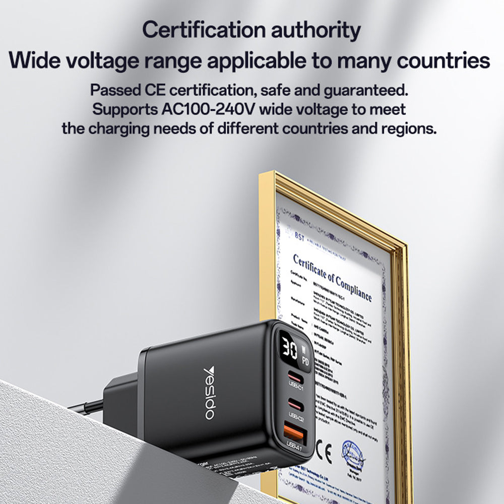 Punjač mreže Yesido YC69 Display, 30W, 3A, 1 x USB-A - 2 x USB-C, Crni
