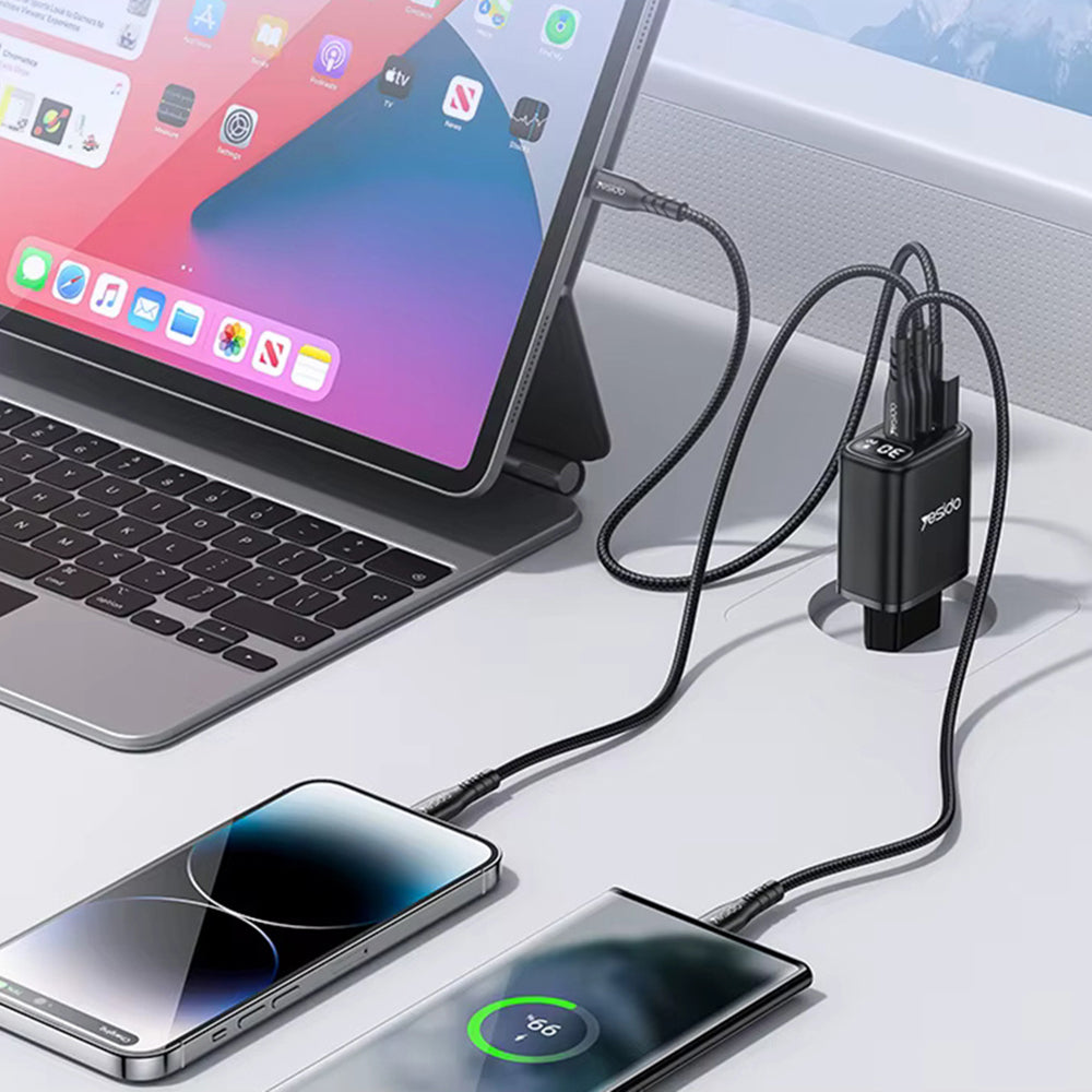 Punjač mreže Yesido YC69 Display, 30W, 3A, 1 x USB-A - 2 x USB-C, Crni