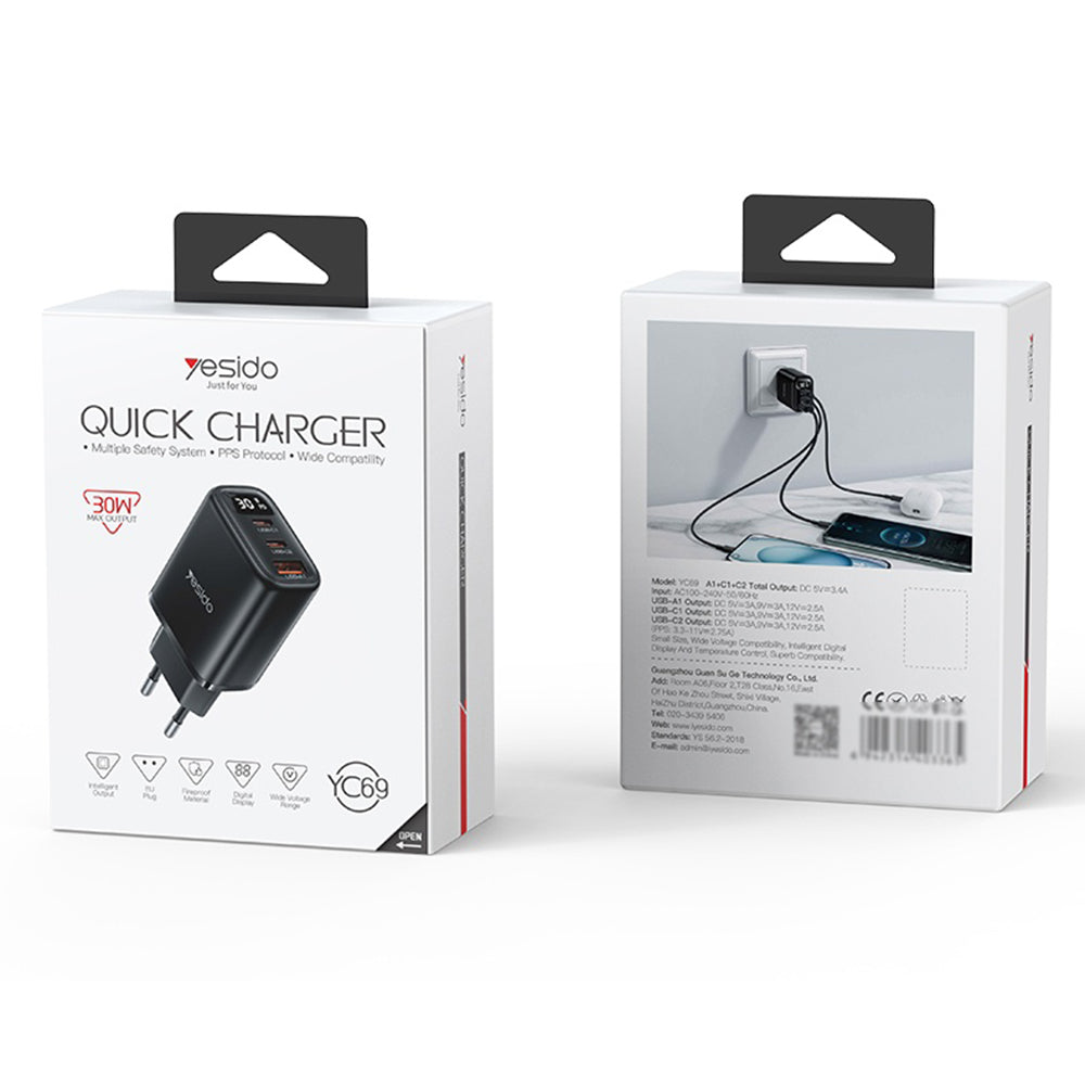 Punjač mreže Yesido YC69 Display, 30W, 3A, 1 x USB-A - 2 x USB-C, Crni