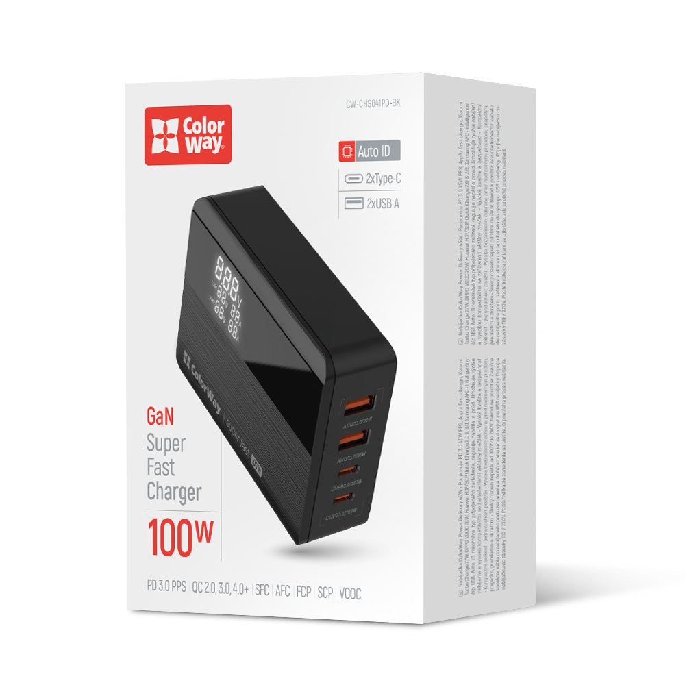 Punjač Stanica ColorWay Display, 100W, 5A, 2 x USB-A - 2 x USB-C, Crna
