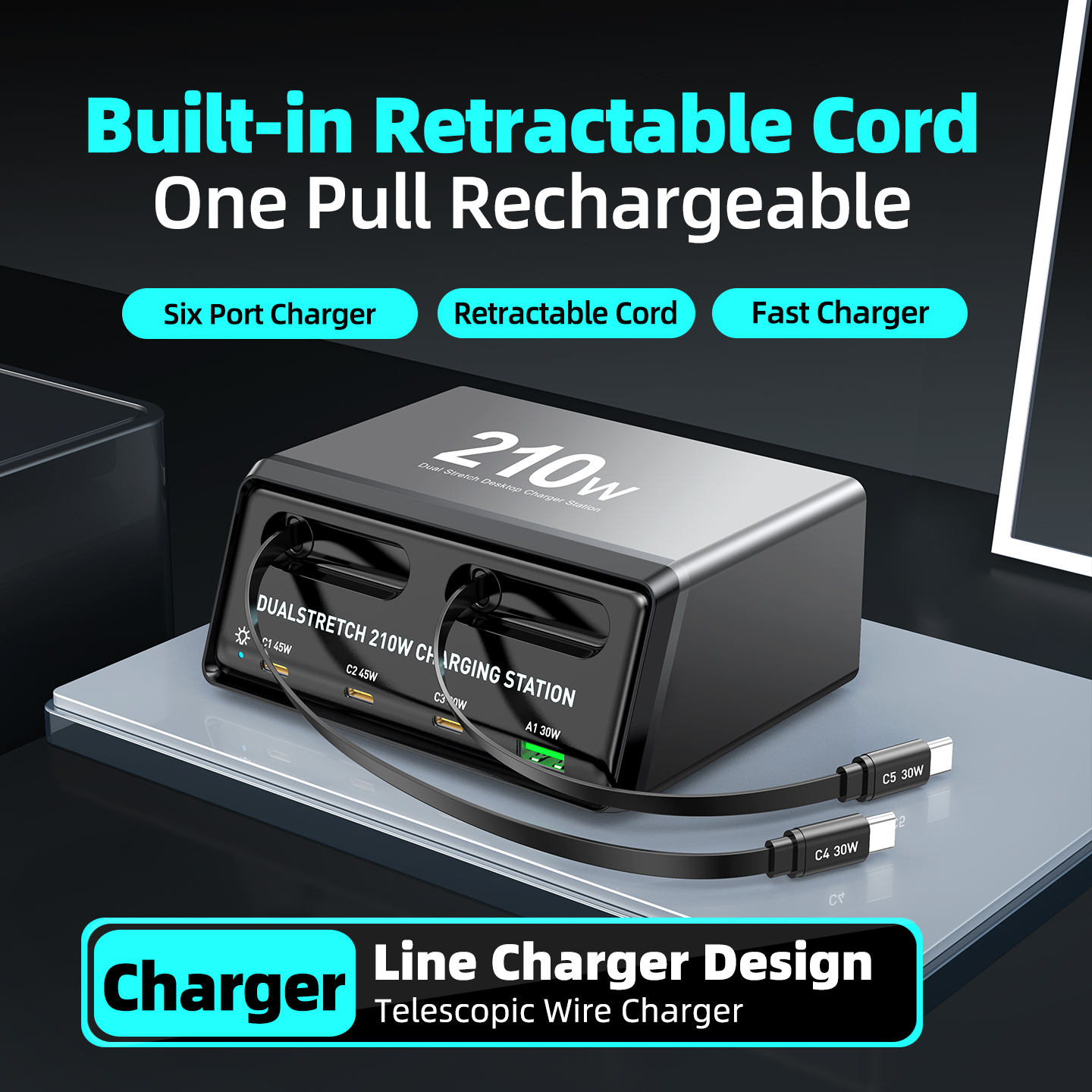 Punjač stanica sa USB-C kablom OEM WLX-60E, 210W, 3A, 1 x USB-A - 3 x USB-C, Siva