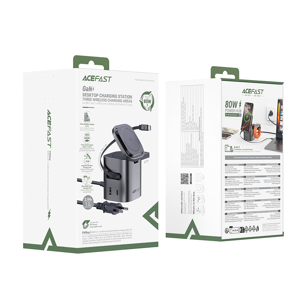 Punjač Stanica Sa USB-C Kabelom Acefast Z9 QI 6in1, 80W, 1 x USB-C - 1 x USB-A, Crna