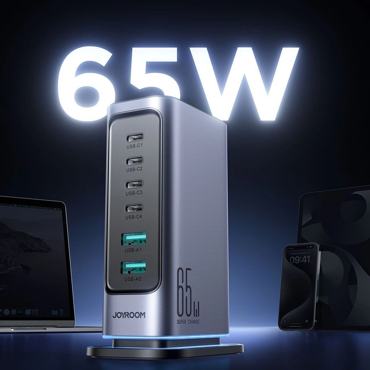Punjač Stanica Joyroom JR-TCM02 UK, 65W, 3.25A, 2 x USB-A - 4 x USB-C, Siva